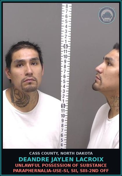 CCW arrest card for Deandre Jaylen Lacroix in Cass County: Unlawful possession of drug paraphernalia-Use-SI, SII, SIII-2nd off