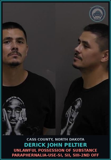 CCW arrest card for Derick John Peltier in Cass County: Unlawful possession of drug paraphernalia-Use-SI, SII, SIII-2nd off
