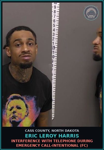 CCW arrest card for Eric Leroy Harris in Cass County: Interference with telephone during emergency call-Intentional (FC)