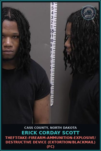 CCW arrest card for Erick Corday Scott in Cass County: Robbery-With a firearm, dangerous weapon, or destructive device (FB)
