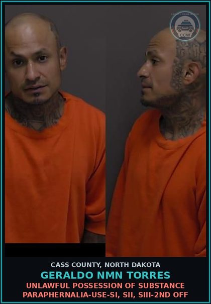 CCW arrest card for Geraldo Nmn Torres in Cass County: Unlawful possession of drug paraphernalia-Use-SI, SII, SIII-2nd off