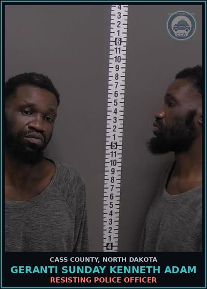 CCW arrest card for Geranti Sunday Kenneth Adam in Cass County: RESISTING POLICE OFFICER