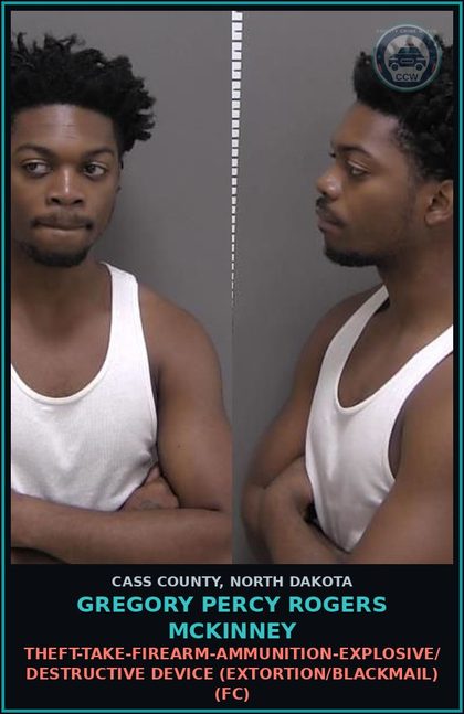 CCW arrest card for Gregory Percy Rogers Mckinney in Cass County: Robbery-With a firearm, dangerous weapon, or destructive device (FB)