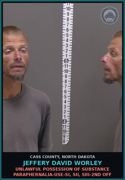 CCW arrest card for Jeffery David Worley in Cass County: Unlawful possession of drug paraphernalia-Use-SI, SII, SIII-2nd off