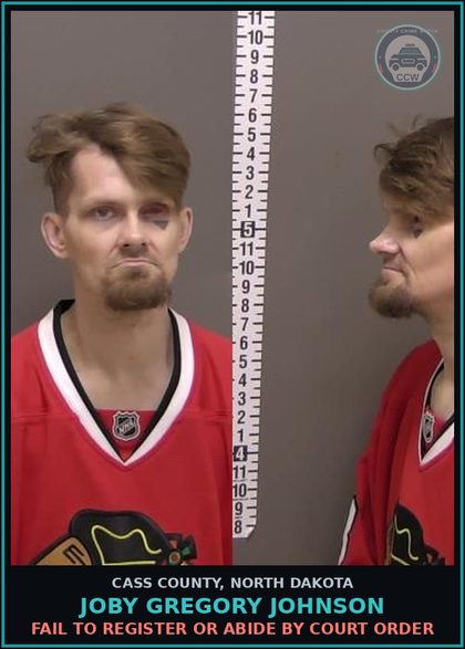 CCW arrest card for Joby Gregory Johnson in Cass County: Fail to Register or Abide by Court Order