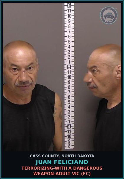CCW arrest card for Juan Feliciano in Cass County: Terrorizing-With a dangerous weapon-Adult victim (FC)