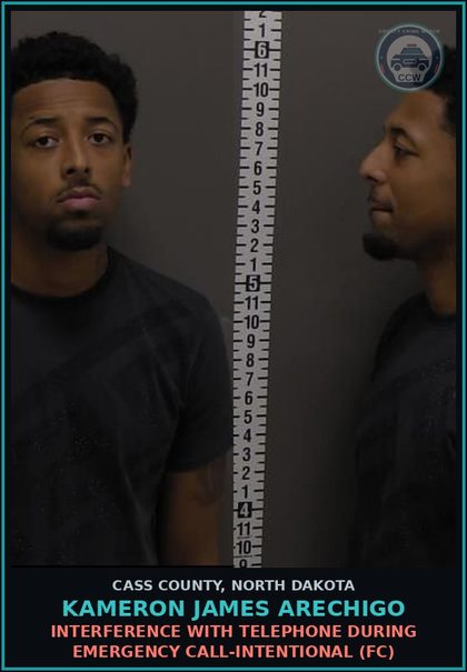 CCW arrest card for Kameron James Arechigo in Cass County: Interference with telephone during emergency call-Intentional (FC)