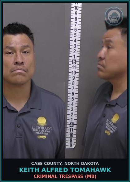 CCW arrest card for Keith Alfred Tomahawk in Cass County: CRIMINAL TRESPASS (MB)