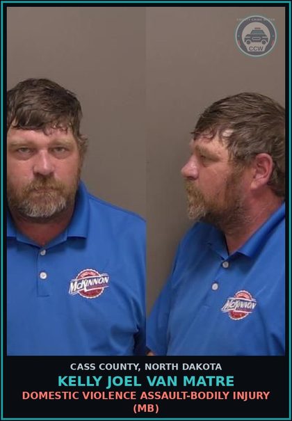 CCW arrest card for Kelly Joel Van Matre in Cass County: Domestic violence assault-Bodily injury (MB)