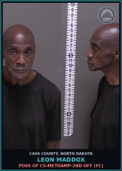 CCW arrest card for Leon Maddox in Cass County: Poss of CS-Methamp-2nd off (FC)