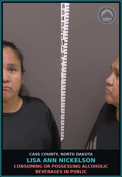 CCW arrest card for Lisa Ann Nickelson in Cass County: Consuming or Possessing Alcoholic Beverages in Public