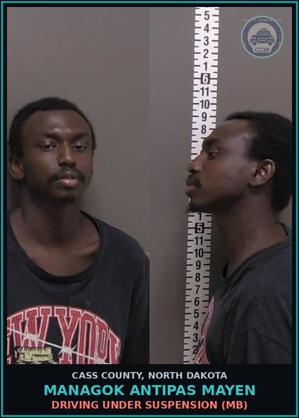 CCW arrest card for Managok Antipas Mayen in Cass County: Driving under suspension (MB)