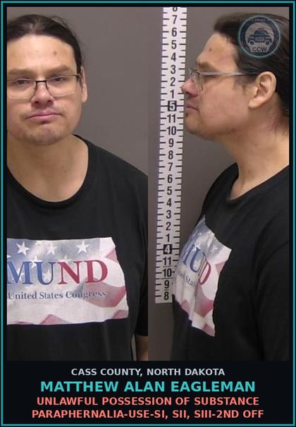 CCW arrest card for Matthew Alan Eagleman in Cass County: Unlawful possession of drug paraphernalia-Use-SI, SII, SIII-2nd off
