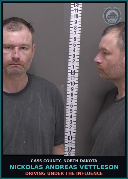 CCW arrest card for Nickolas Andreas Vettleson in Cass County: DRIVING UNDER THE INFLUENCE