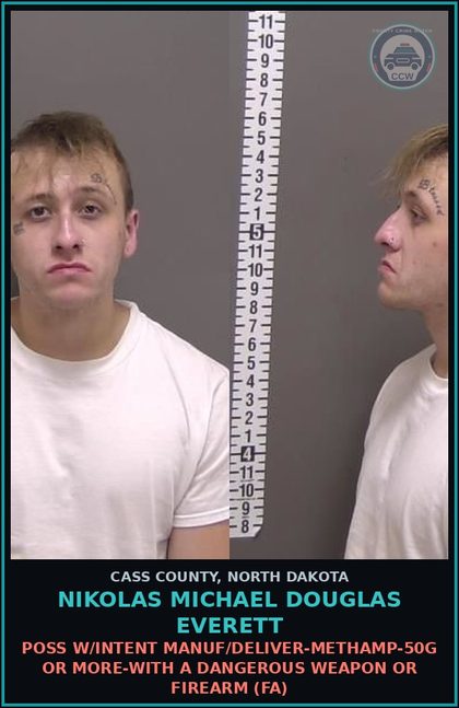 CCW arrest card for Nikolas Michael Douglas Everett in Cass County: Unlawful possession of drug paraphernalia-Use-SI, SII, SIII-2nd off