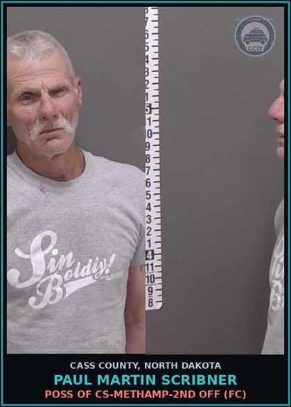 CCW arrest card for Paul Martin Scribner in Cass County: Poss of CS-Methamp-2nd off (FC)