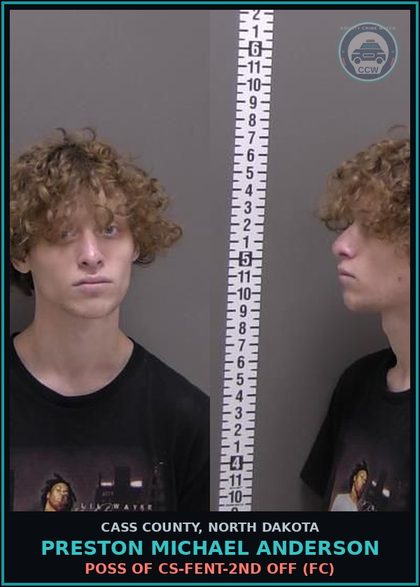 CCW arrest card for Preston Michael Anderson in Cass County: Unlawful possession of drug paraphernalia-Use-SI, SII, SIII-2nd off