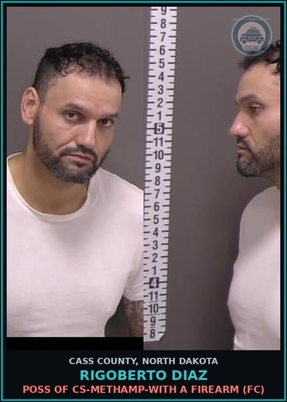 CCW arrest card for Rigoberto Diaz in Cass County: Poss of CS-Methamp-With a firearm (FC)