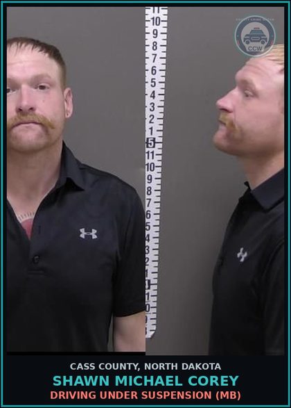 CCW arrest card for Shawn Michael Corey in Cass County: Driving under suspension (MB)