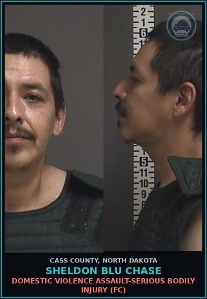 CCW arrest card for Sheldon Blu Chase in Cass County: Domestic violence assault-Serious bodily injury (FC)