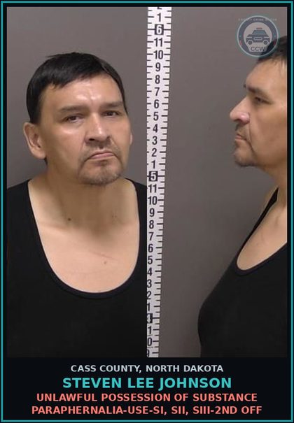 CCW arrest card for Steven Lee Johnson in Cass County: Unlawful possession of drug paraphernalia-Use-SI, SII, SIII-2nd off