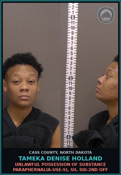 CCW arrest card for Tameka Denise Holland in Cass County: Unlawful possession of drug paraphernalia-Use-SI, SII, SIII-2nd off
