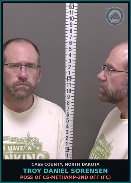 CCW arrest card for Troy Daniel Sorensen in Cass County: Unlawful possession of drug paraphernalia-Use-SI, SII, SIII-2nd off