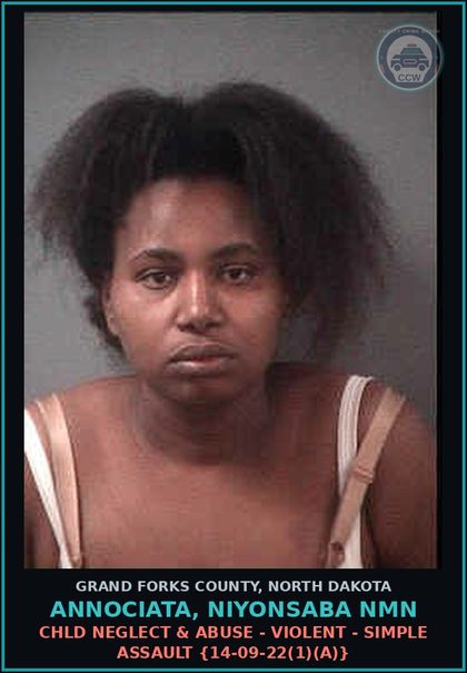 CCW arrest card for Annociata, Niyonsaba Nmn in Grand Forks County: chld Neglect & Abuse - Violent - Simple Assault {14-09-22(1)(a)}
