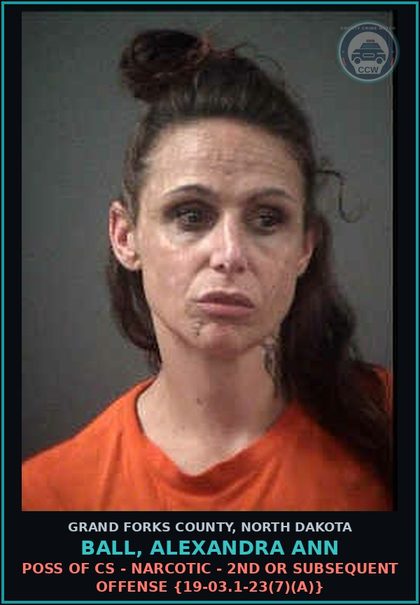 CCW arrest card for Ball, Alexandra Ann in Grand Forks County: Poss of CS - Narcotic - 2nd or subsequent offense {19-03.1-23(7)(a)}
