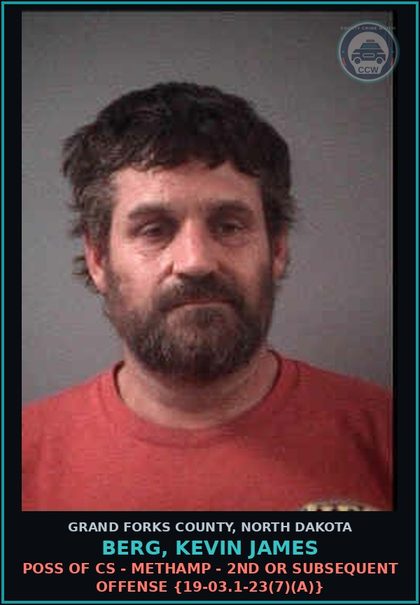 CCW arrest card for Berg, Kevin James in Grand Forks County: Poss of CS - Methamp - 2nd or subsequent offense {19-03.1-23(7)(a)}