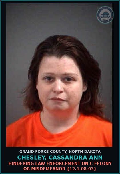 CCW arrest card for Chesley, Cassandra Ann in Grand Forks County: Hindering Law Enforcement on C Felony or Misdemeanor {12.1-08-03}