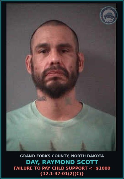 CCW arrest card for Day, Raymond Scott in Grand Forks County: Failure to Pay chld Support <=$1000 {12.1-37-01(2)(c)}