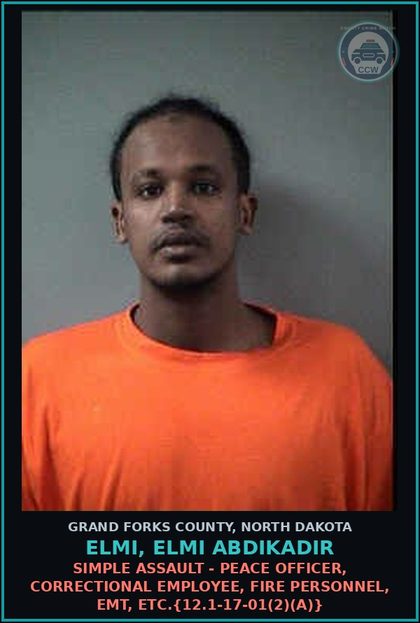 CCW arrest card for Elmi, Elmi Abdikadir in Grand Forks County: Simple Assault - Peace Officer, Correctional Employee, Fire Personnel, EMT, etc.{12.1-17-01(2)(a)}