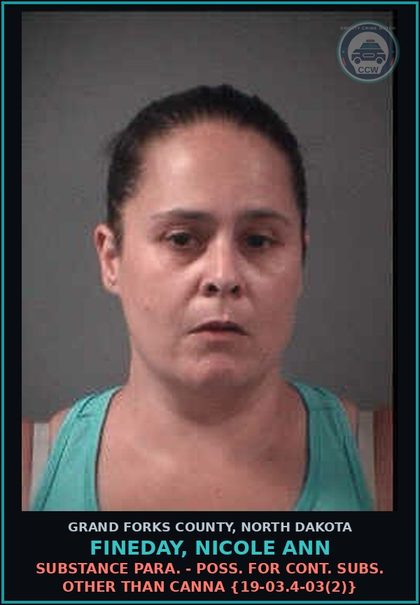 CCW arrest card for Fineday, Nicole Ann in Grand Forks County: Drug Para. - Poss. for cont. subs. other than Canna {19-03.4-03(2)}