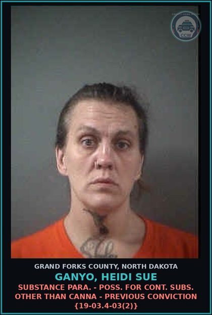CCW arrest card for Ganyo, Heidi Sue in Grand Forks County: Drug Para. - Poss. for cont. subs. other than Canna - previous conviction {19-03.4-03(2)}