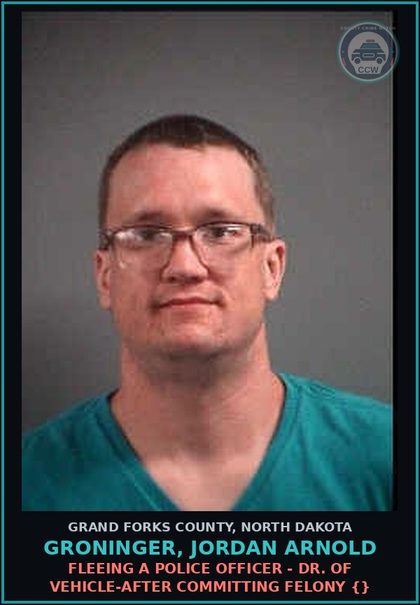 CCW arrest card for Groninger, Jordan Arnold in Grand Forks County: Poss w/Intent - Manuf/Deliver - Methamp {19-03.1-23(1)(a)}