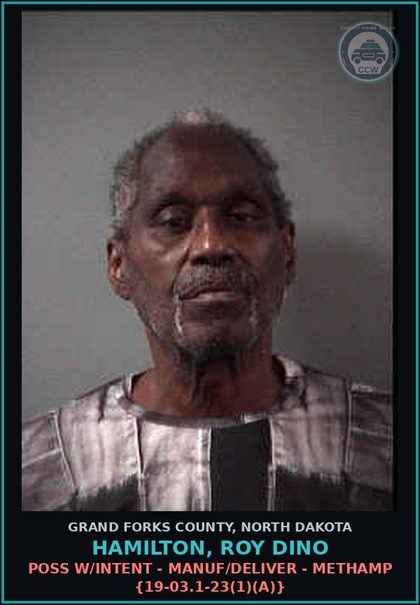 CCW arrest card for Hamilton, Roy Dino in Grand Forks County: Poss w/Intent - Manuf/Deliver - Methamp {19-03.1-23(1)(a)}