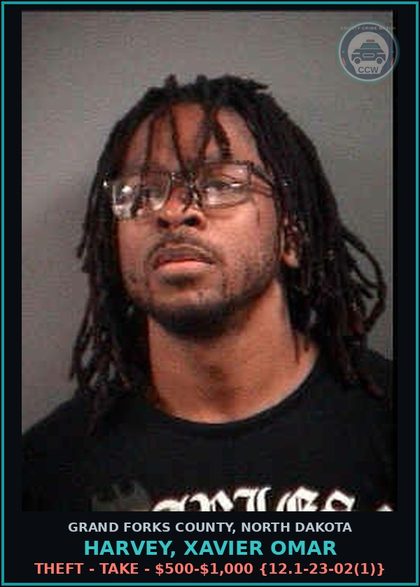 CCW arrest card for Harvey, Xavier Omar in Grand Forks County: Theft - Take - $500-$1,000 {12.1-23-02(1)}