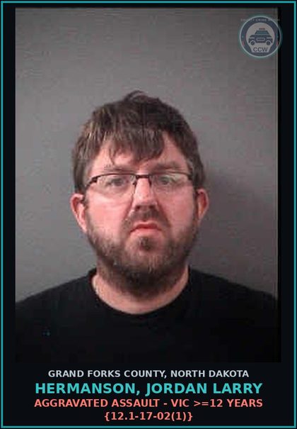 CCW arrest card for Hermanson, Jordan Larry in Grand Forks County: Possess Firearm by Convicted Felon or Convicted (M)A w/Weapon {}