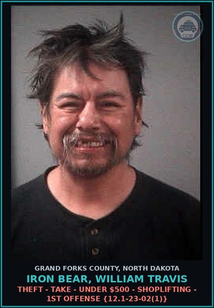 CCW arrest card for Iron Bear, William Travis in Grand Forks County: Theft - Take - Under $500 - Shoplifting - 1st Offense {12.1-23-02(1)}