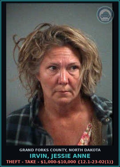 CCW arrest card for Irvin, Jessie Anne in Grand Forks County: Theft - Take - $1,000-$10,000 {12.1-23-02(1)}