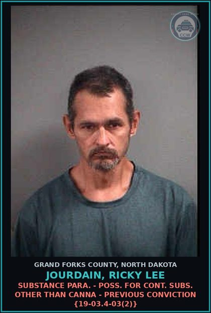 CCW arrest card for Jourdain, Ricky Lee in Grand Forks County: Drug Para. - Poss. for cont. subs. other than Canna - previous conviction {19-03.4-03(2)}