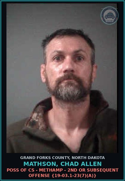 CCW arrest card for Mathson, Chad Allen in Grand Forks County: Failure to Appear, to Produce Information, or to be Sworn {12.1-10-02}