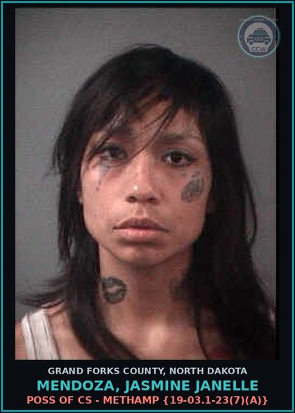 CCW arrest card for Mendoza, Jasmine Janelle in Grand Forks County: Poss of CS - Methamp {19-03.1-23(7)(a)}