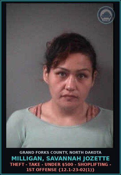 CCW arrest card for Milligan, Savannah Jozette in Grand Forks County: Criminal Trespass, knowingly enter dwelling, or high secure {}