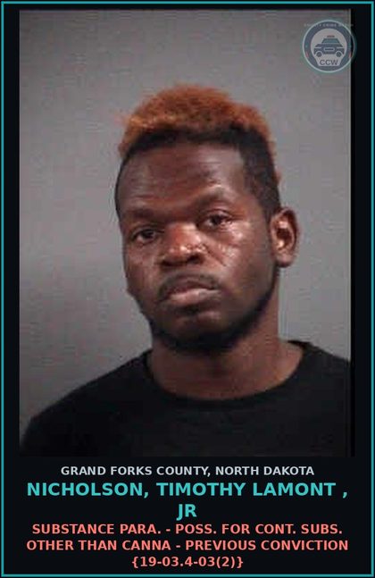 CCW arrest card for Nicholson, Timothy Lamont , Jr in Grand Forks County: Drug Para. - Poss. for cont. subs. other than Canna - previous conviction {19-03.4-03(2)}