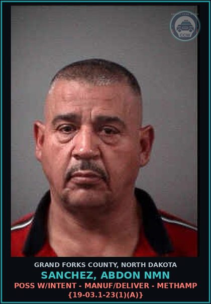 CCW arrest card for Sanchez, Abdon Nmn in Grand Forks County: Poss w/Intent - Manuf/Deliver - Methamp {19-03.1-23(1)(a)}