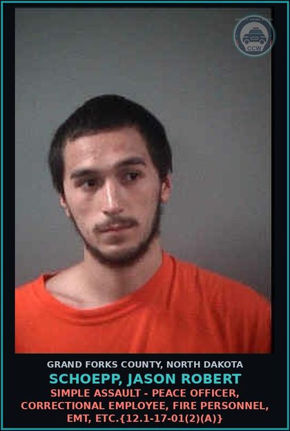 CCW arrest card for Schoepp, Jason Robert in Grand Forks County: Simple Assault - Peace Officer, Correctional Employee, Fire Personnel, EMT, etc.{12.1-17-01(2)(a)}