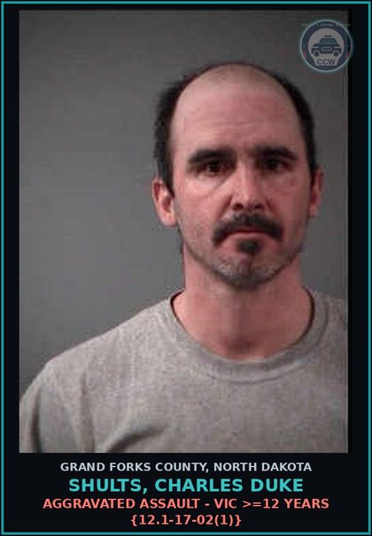 CCW arrest card for Shults, Charles Duke in Grand Forks County: Aggravated Assault - Victim >=12 years {12.1-17-02(1)}