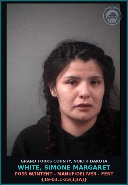 CCW arrest card for White, Simone Margaret in Grand Forks County: Poss w/Intent - Manuf/Deliver - Fent {19-03.1-23(1)(a)}